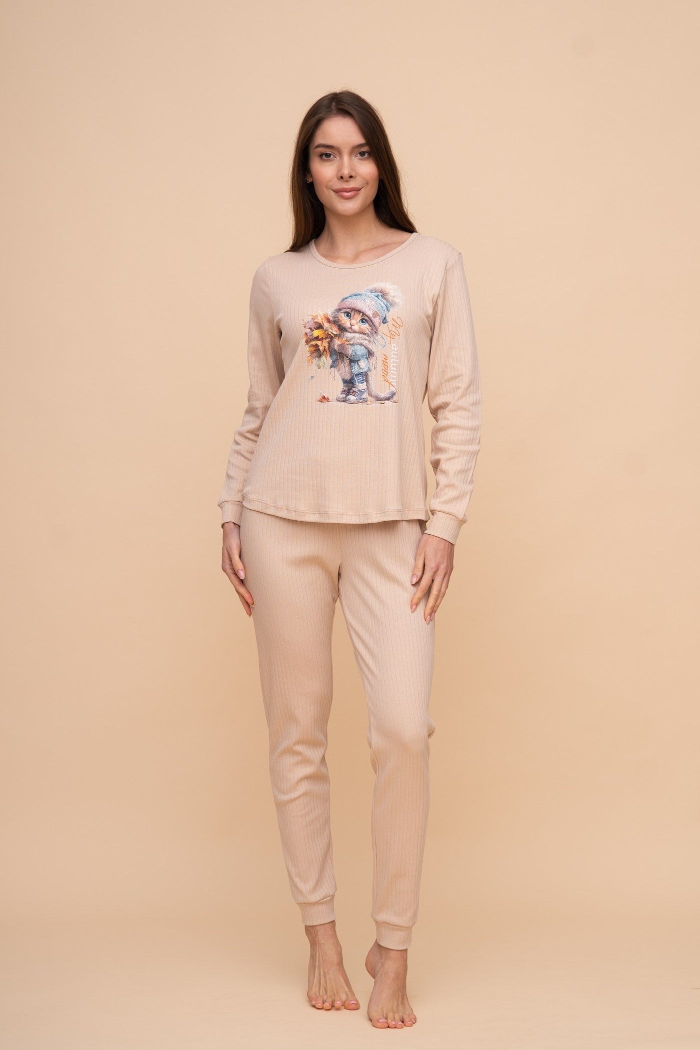 Pijama damă bumbac interlock cu mânecă lungă „Autumn mood"