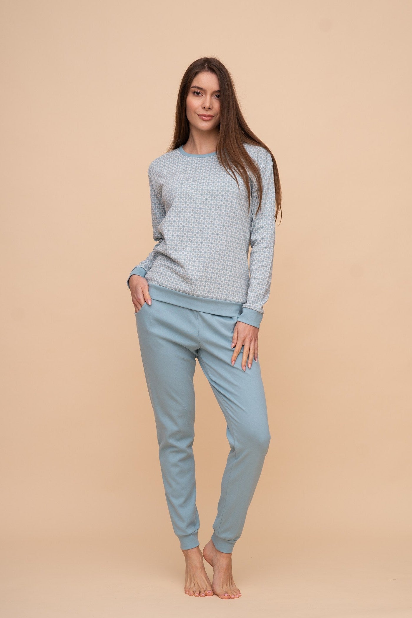 Pijama damă bumbac interlock cu mânecă lungă „Sky Blue"