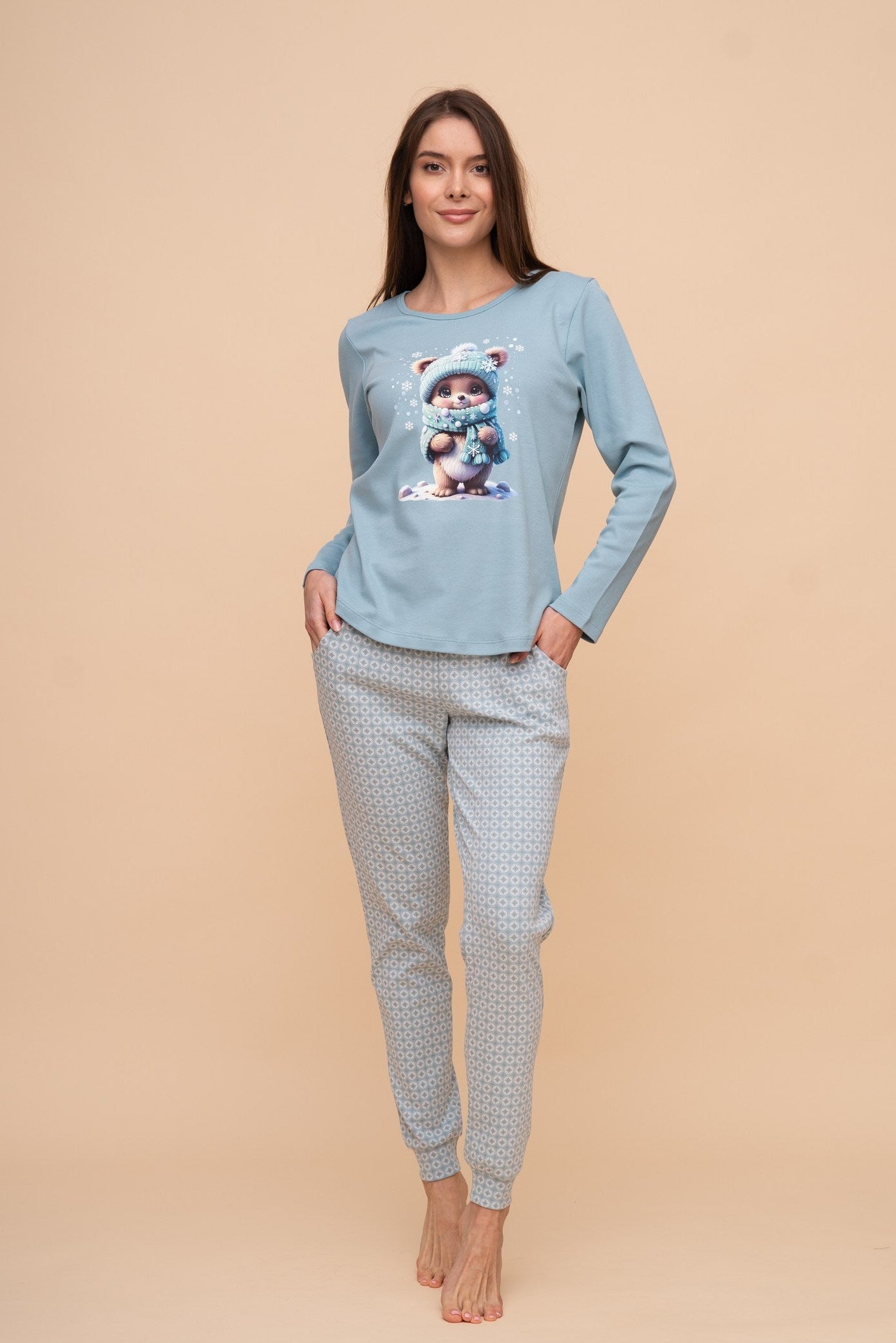 Pijama damă bumbac interlock cu mânecă lungă „Winter Bear"
