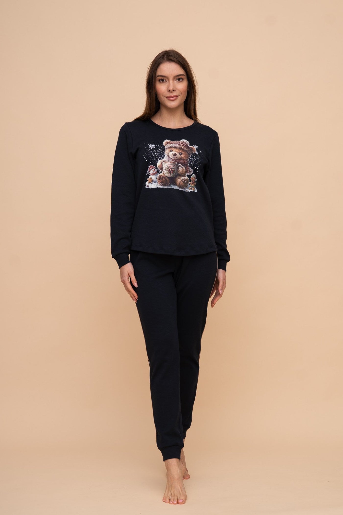 Pijama damă bumbac interlock cu mânecă lungă „Winter Bear"
