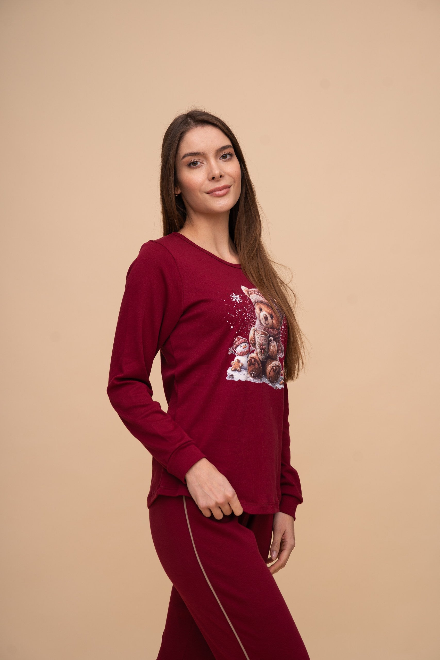 Pijama damă bumbac interlock cu mânecă lungă „Winter Bear"