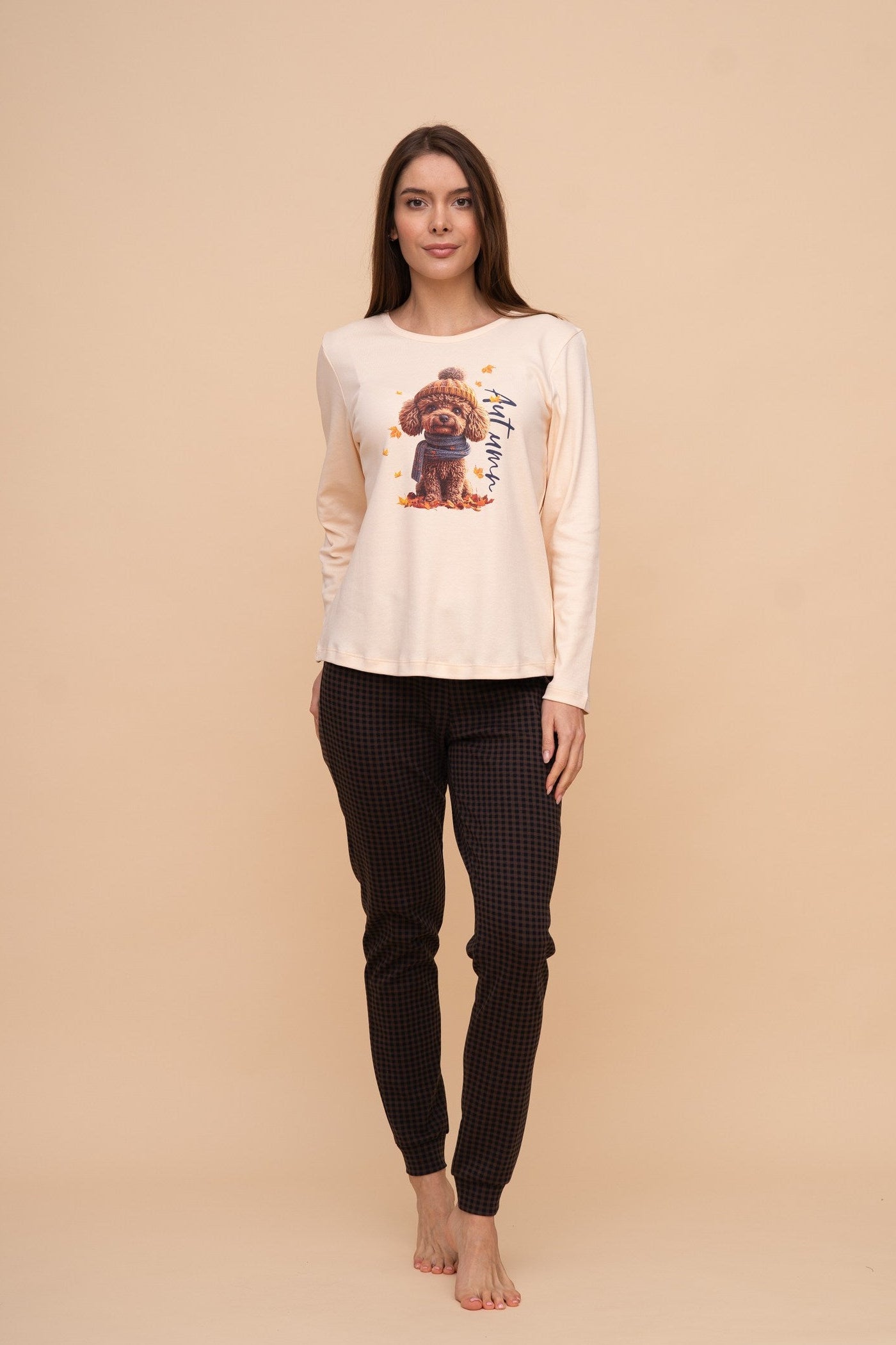 Pijama damă bumbac interlock cu mânecă lungă „Fall Poodle"