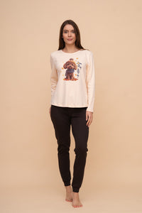 Pijama damă bumbac interlock cu mânecă lungă „Fall Poodle"