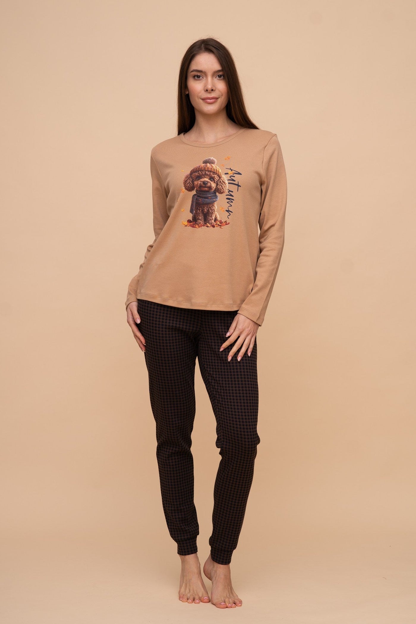 Pijama damă bumbac interlock cu mânecă lungă „Fall Poodle"