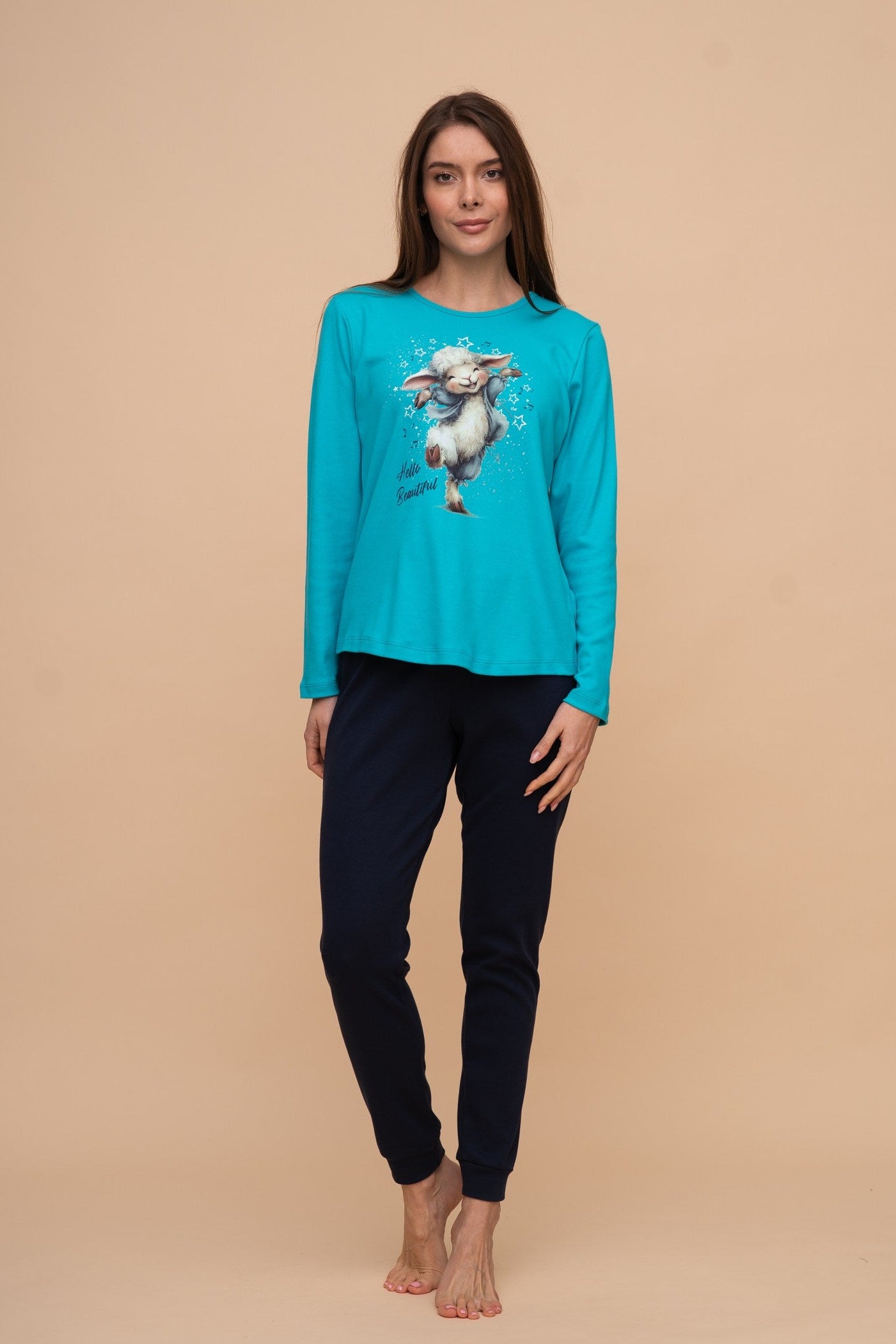 Pijama damă bumbac interlock cu mânecă lungă „Hello Beautiful"