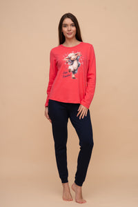 Pijama damă bumbac interlock cu mânecă lungă „Hello Beautiful"