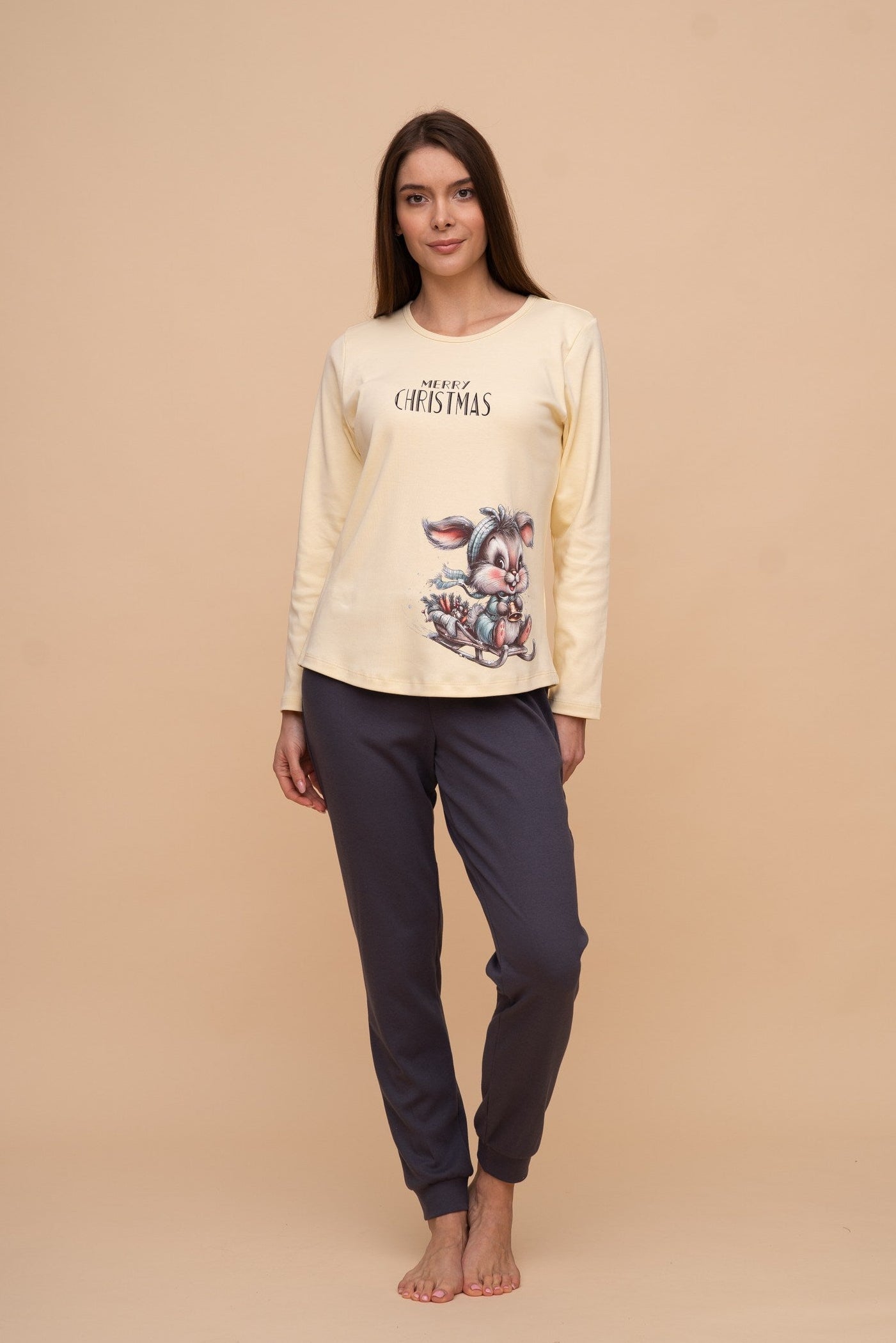 Pijama damă bumbac interlock cu mânecă lungă „Merry Christmas"