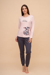 Pijama damă bumbac interlock cu mânecă lungă „Merry Christmas"