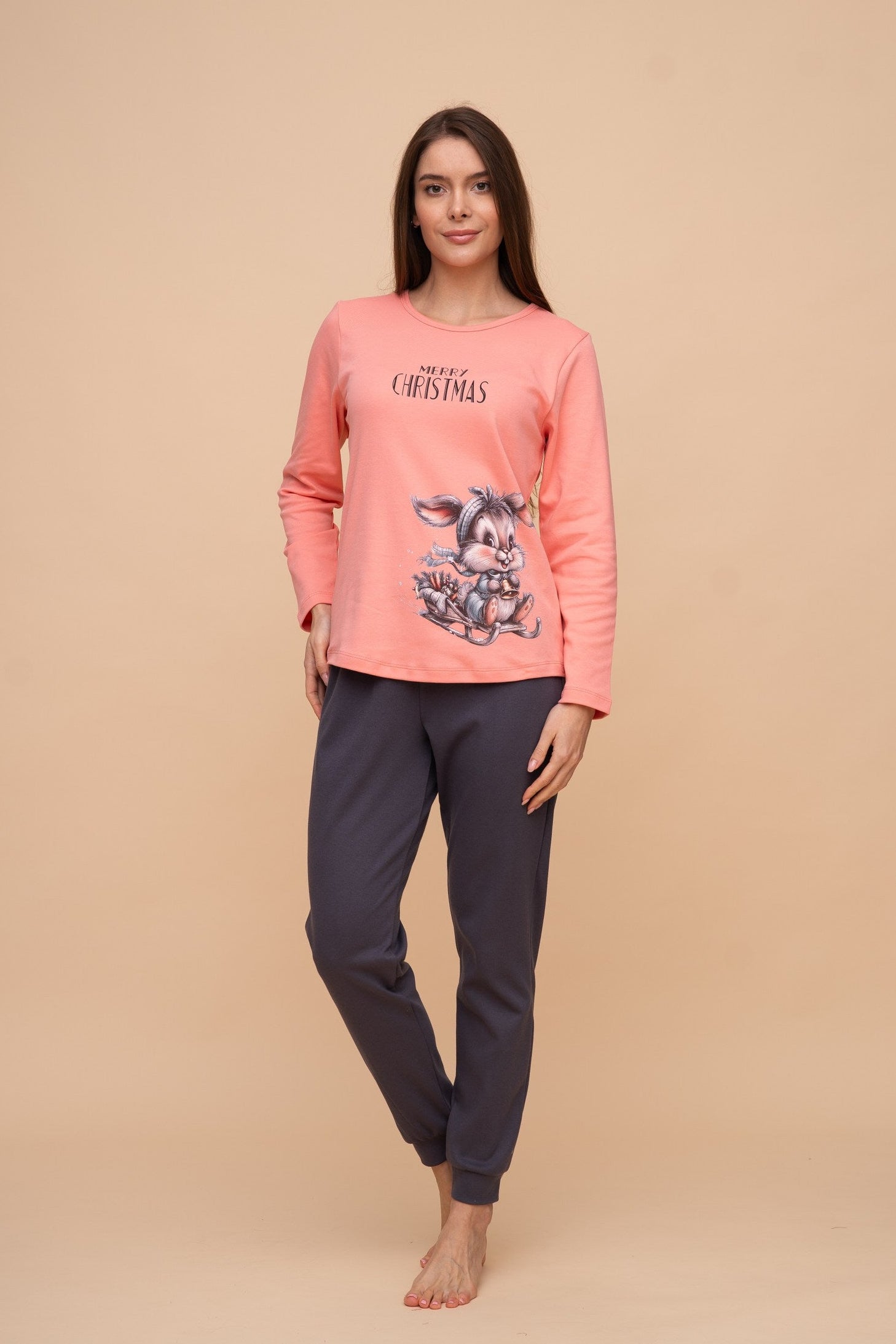 Pijama damă bumbac interlock cu mânecă lungă „Merry Christmas"