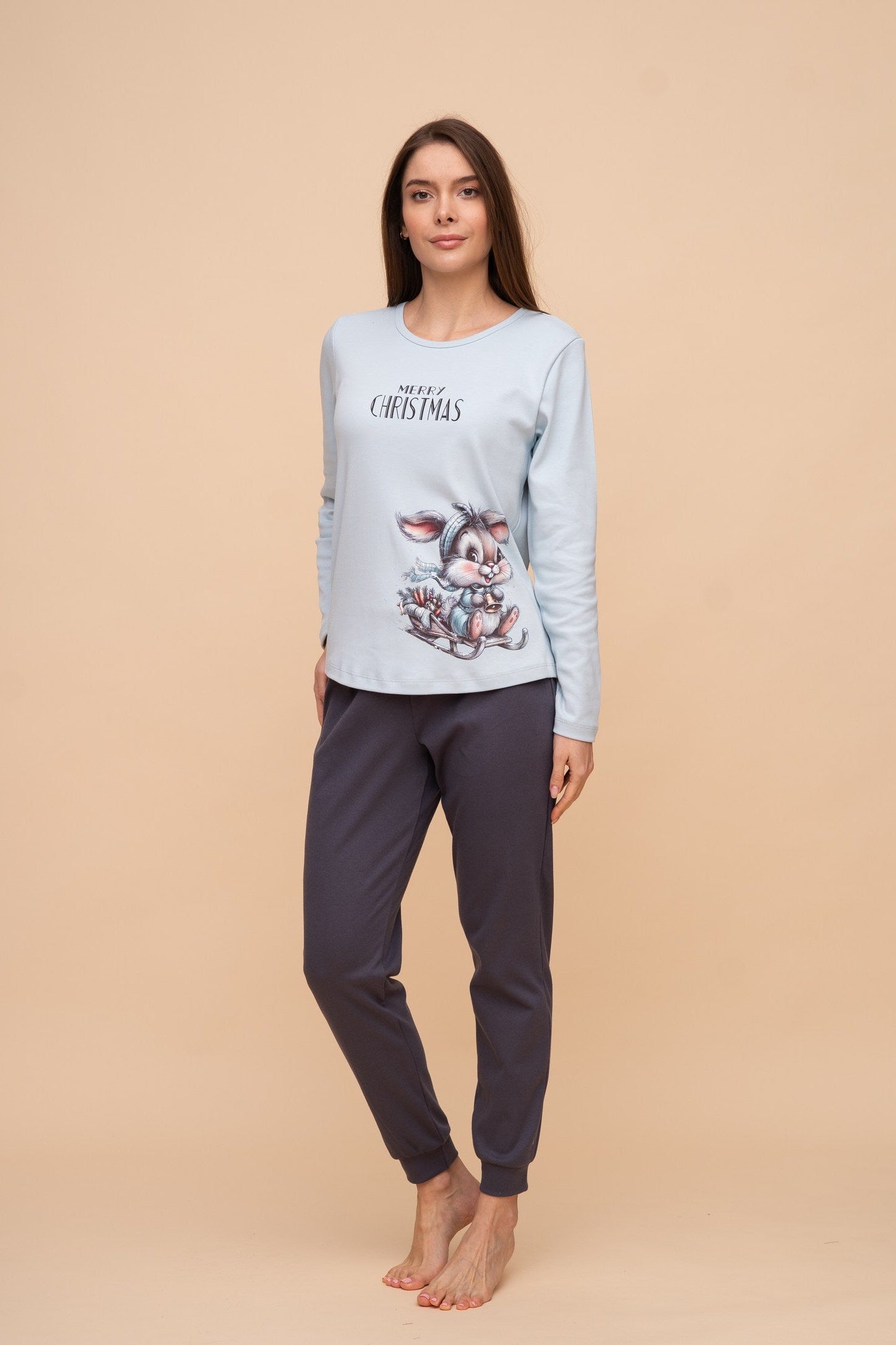 Pijama damă bumbac interlock cu mânecă lungă „Merry Christmas"