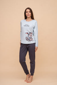 Pijama damă bumbac interlock cu mânecă lungă „Merry Christmas"