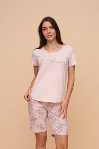 Pijama damă bumbac cu mânecă scurtă „Ease Flowers”