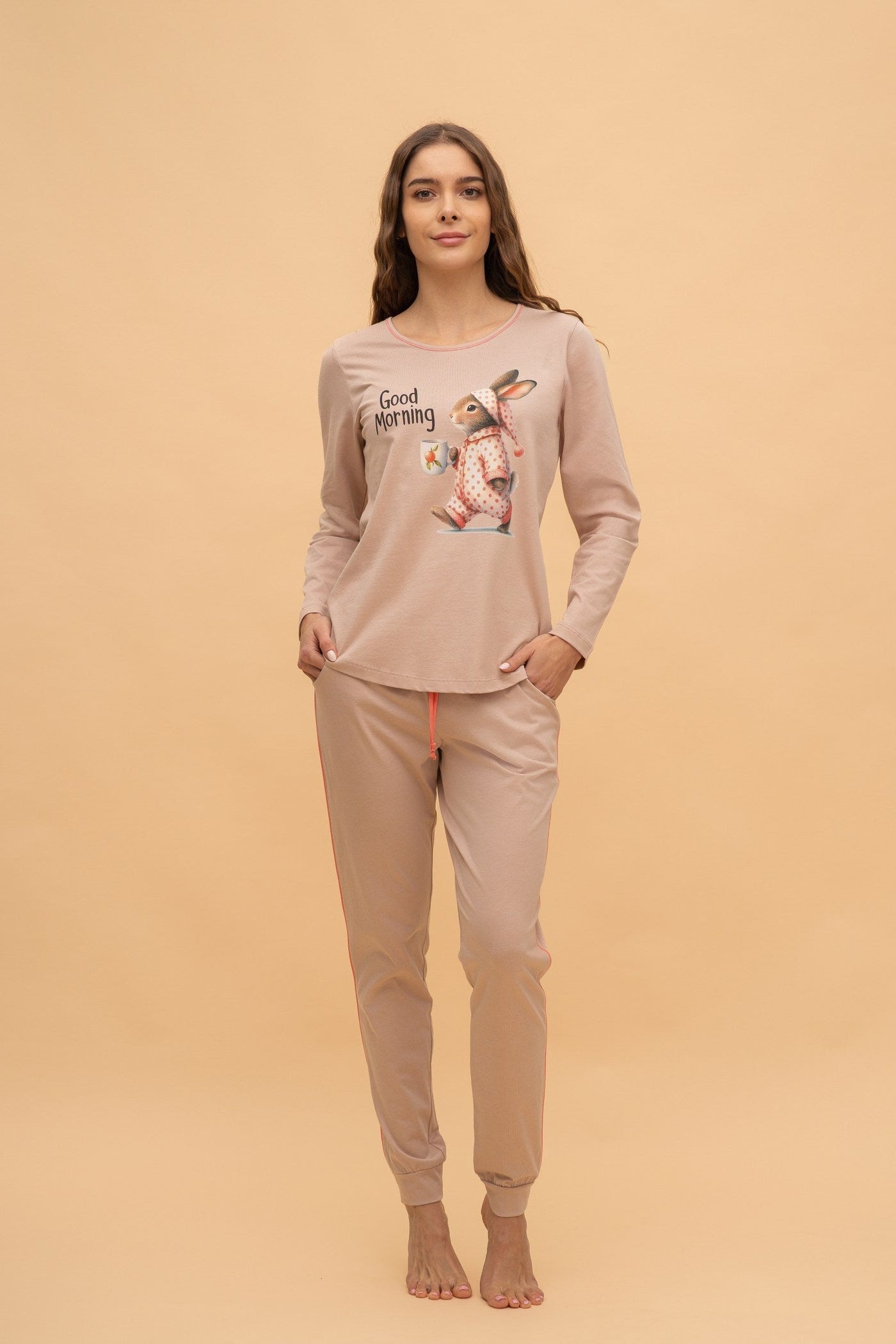 Pijama damă bumbac cu mânecă lungă „Bunny Walker” 