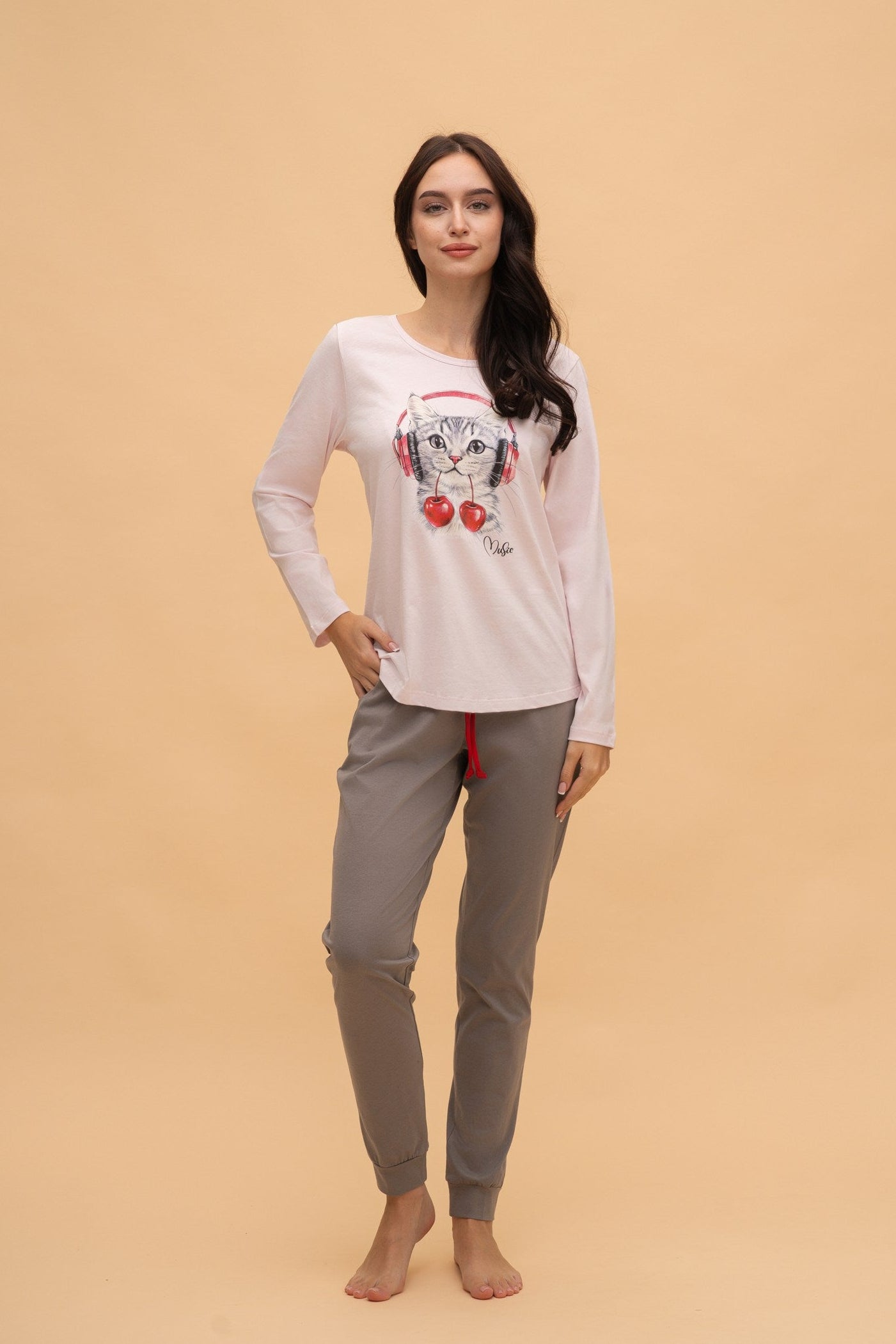 Pijama damă bumbac cu mânecă lungă „Cherry Music"