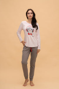 Pijama damă bumbac cu mânecă lungă „Cherry Music"
