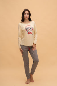 Pijama damă bumbac cu mânecă lungă „Cherry Music"