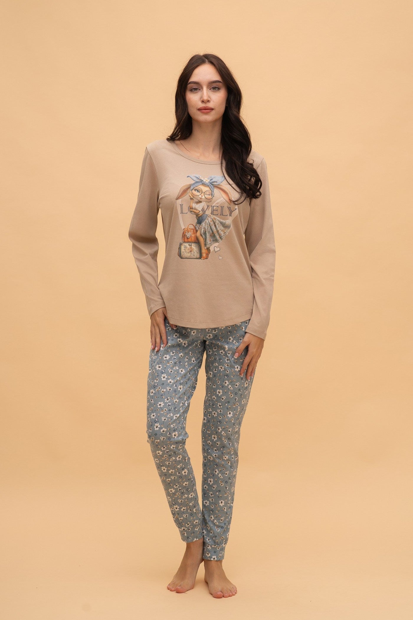 Pijama damă bumbac cu mânecă lungă „Lovely"