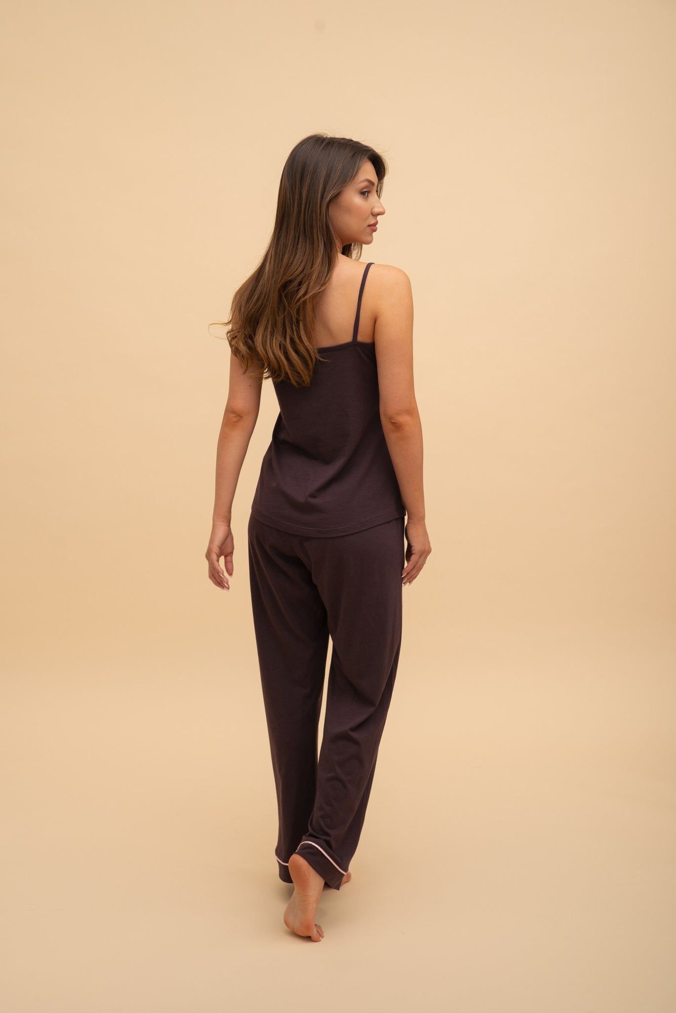 Set damă cu top și pantaloni lungi din bumbac și modal – Bordo