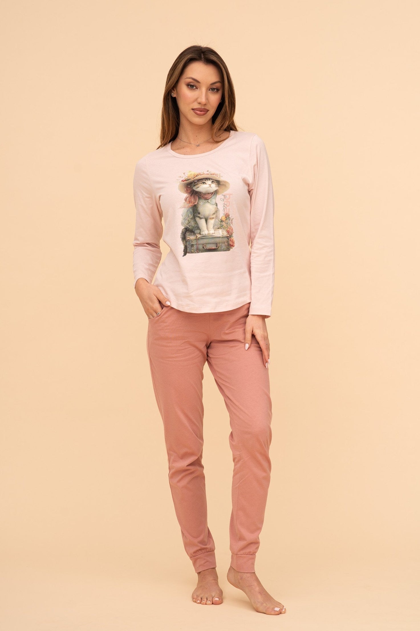 Pijama damă bumbac cu mânecă lungă „Travel Kitty"