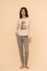 Pijama damă bumbac cu mânecă lungă „Travel Kitty"