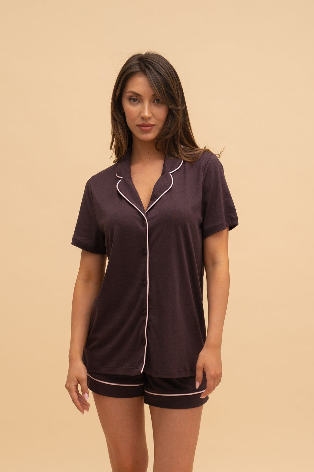 Set damă din bumbac și modal cu mânecă scurtă – Bordo