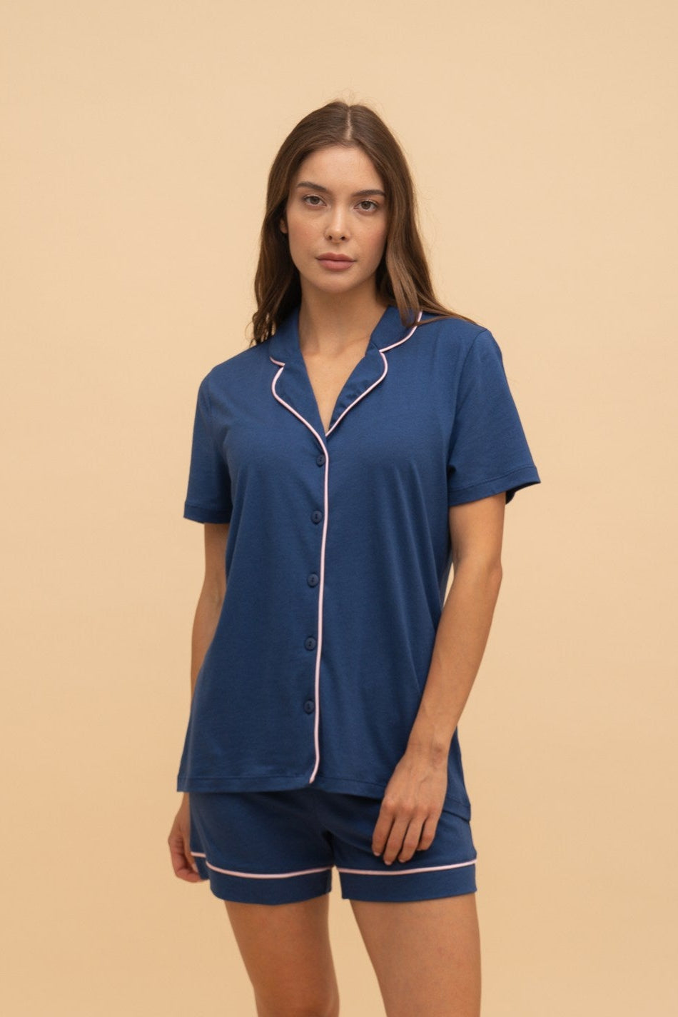 Set damă din bumbac și modal cu mânecă scurtă – Albastru