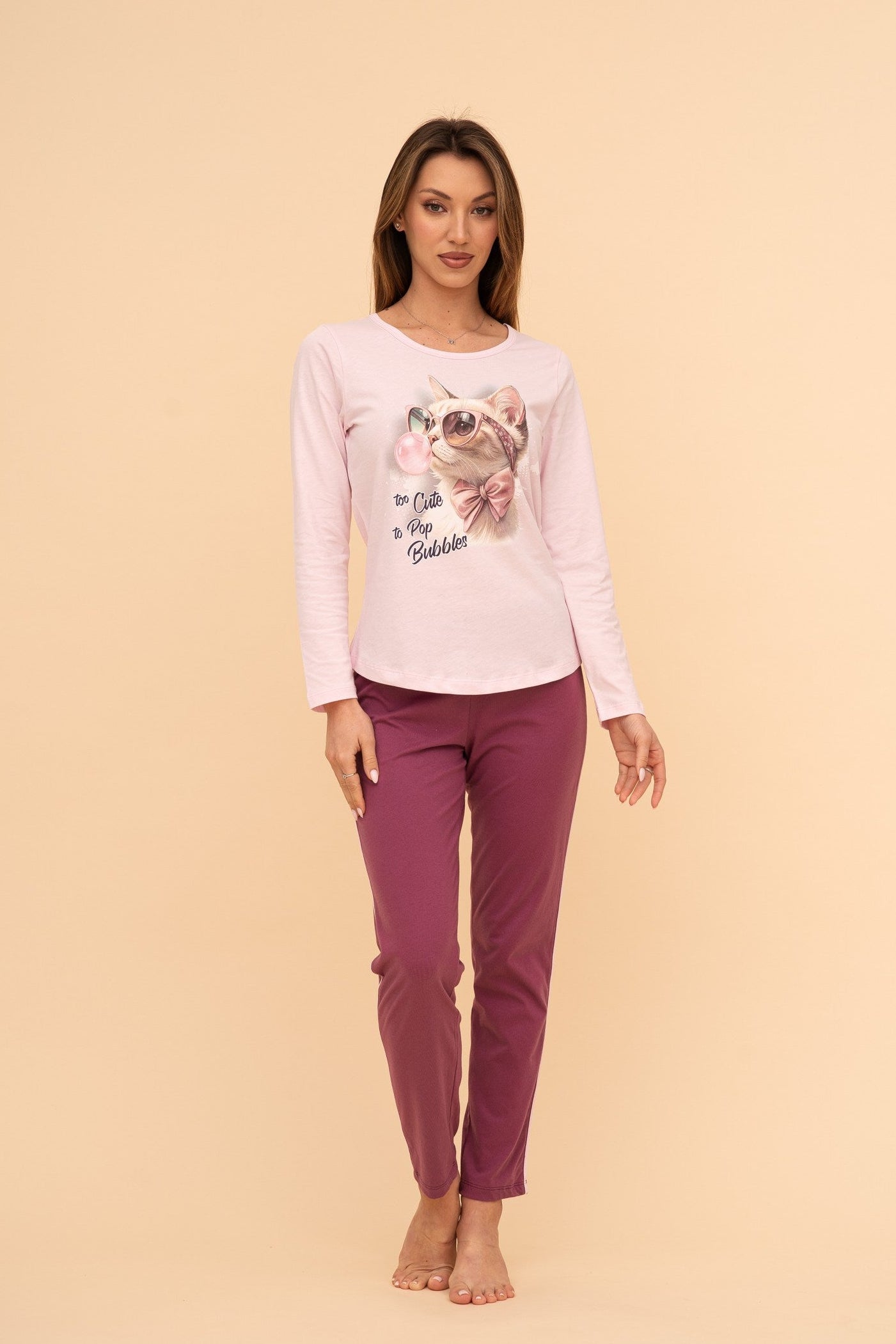 Pijama damă bumbac cu mânecă lungă „Pop Bubbles"