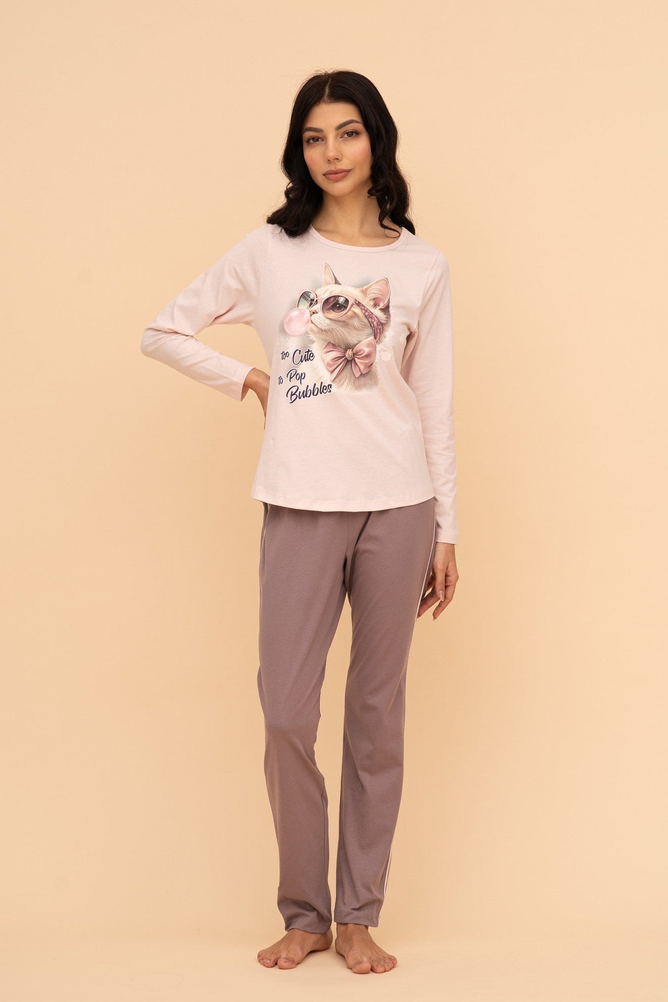 Pijama damă bumbac cu mânecă lungă „Pop Bubbles"