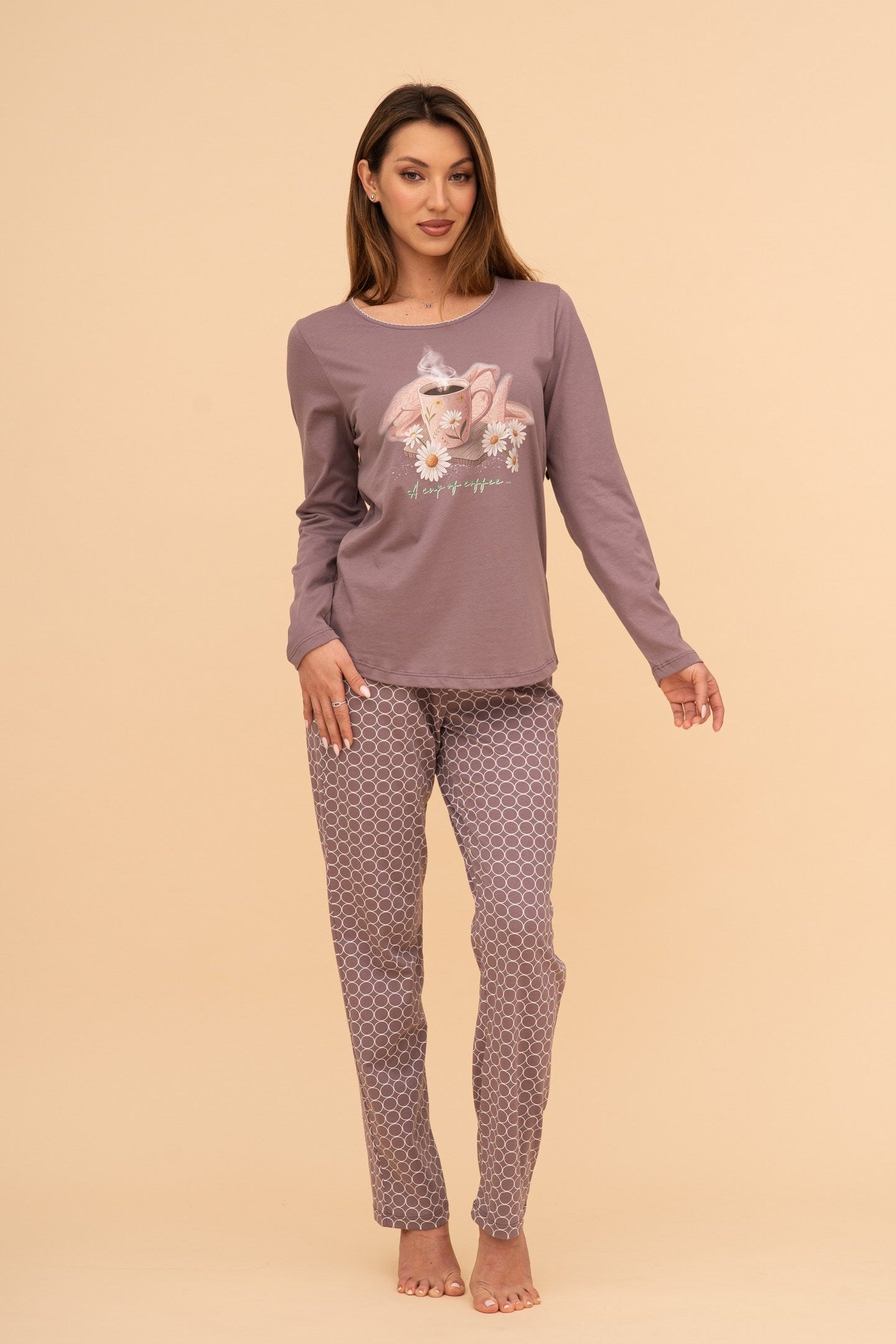 Pijama damă bumbac cu mânecă lungă „Cup of coffee"