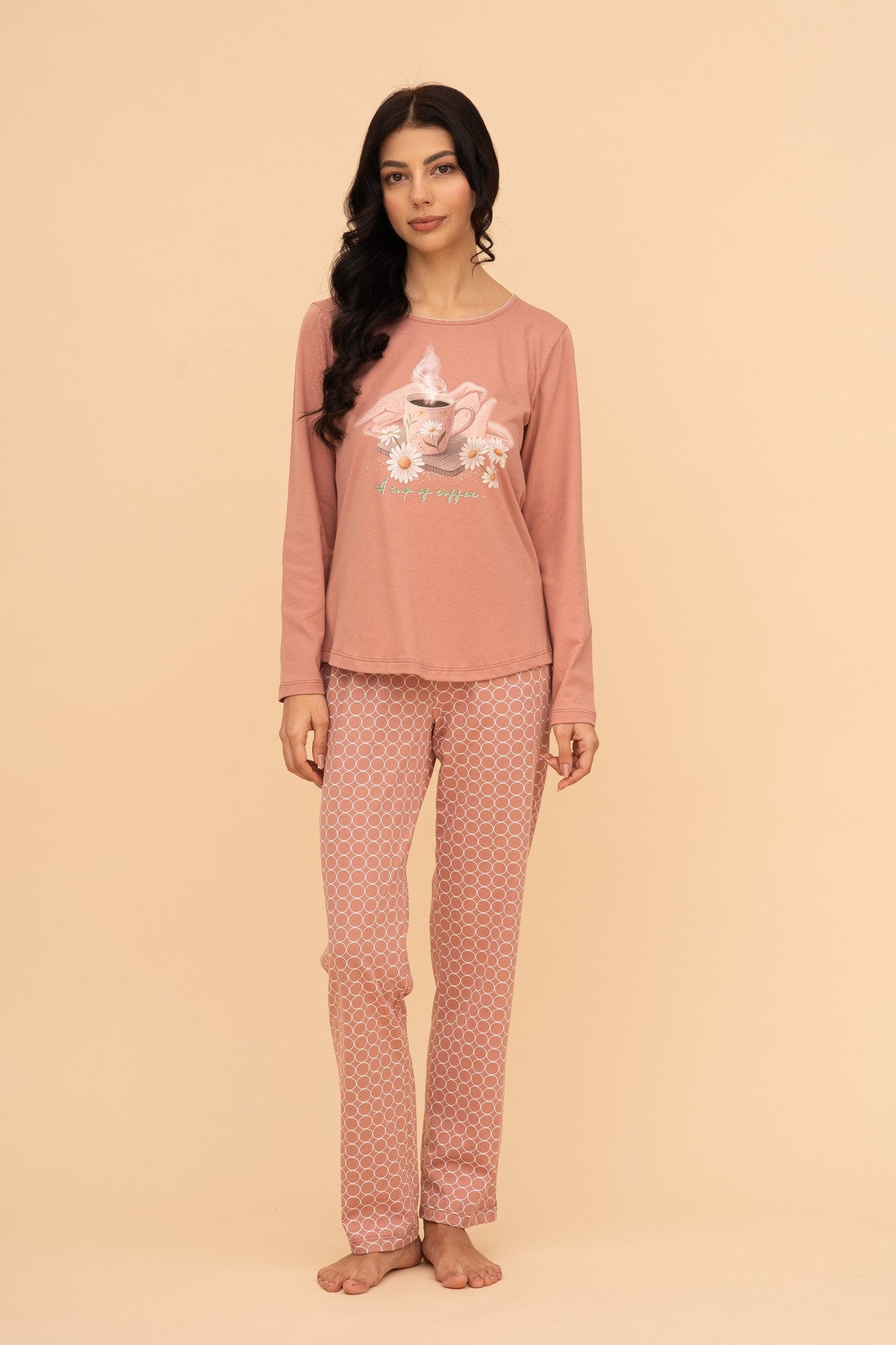 Pijama damă bumbac cu mânecă lungă „Cup of coffee"