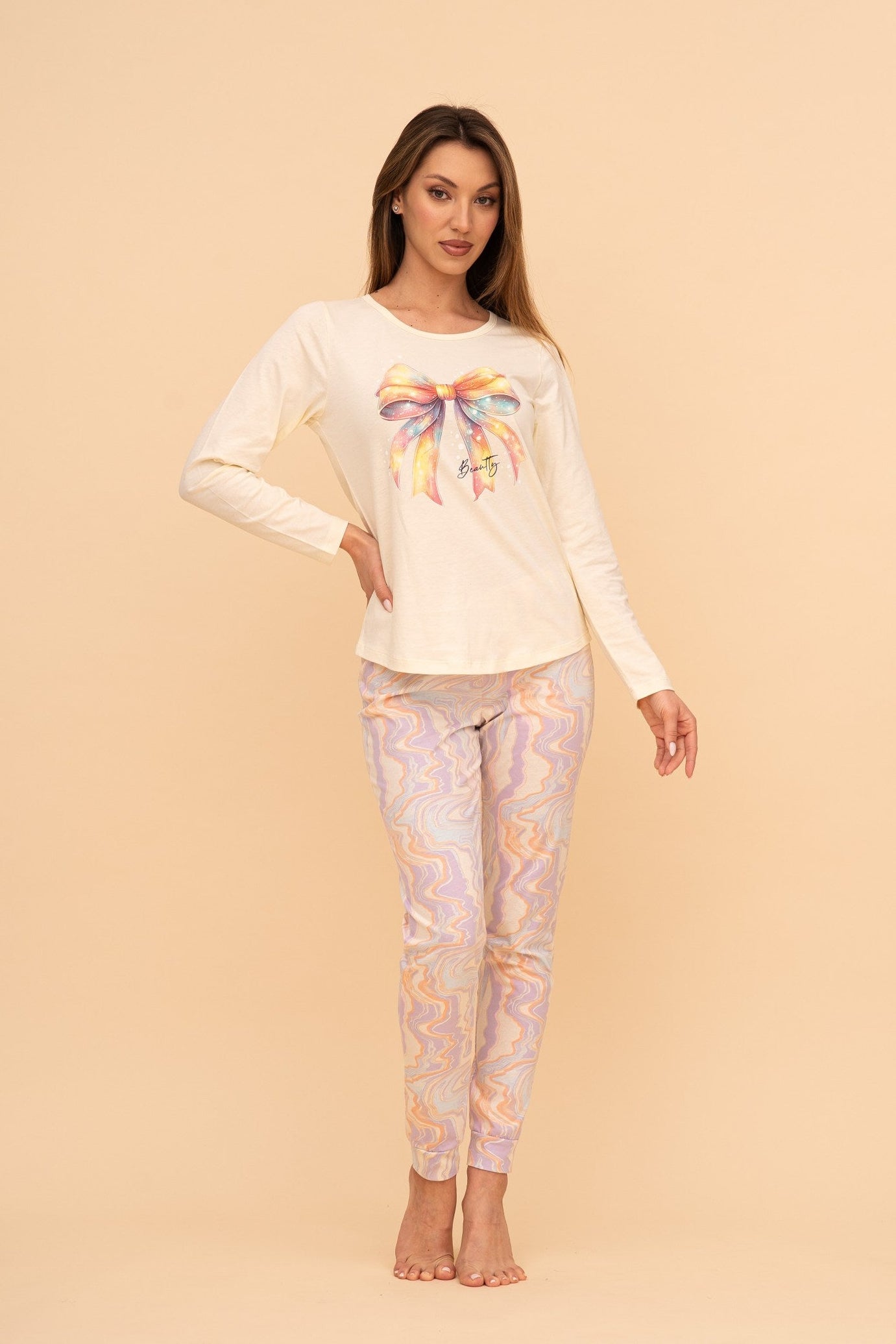 Pijama damă bumbac cu mânecă lungă „Rainbow"