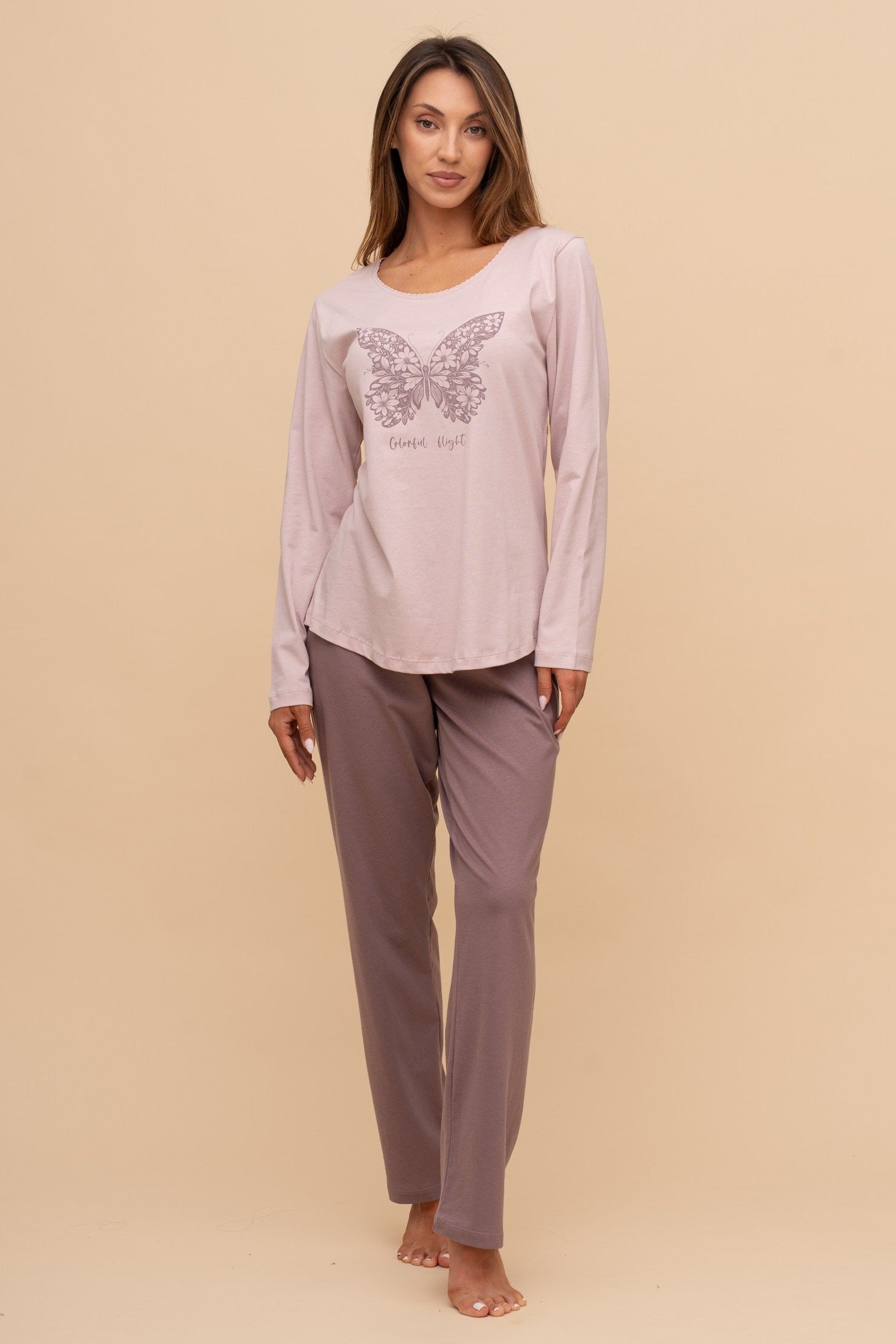 Pijama damă bumbac cu mânecă lungă „Leafy Top"