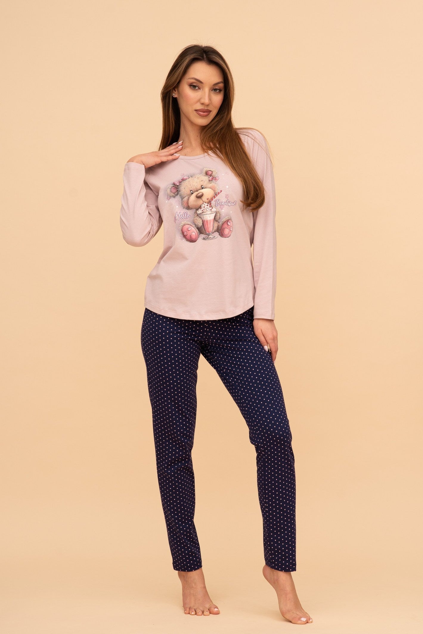 Pijama damă bumbac cu mânecă lungă „Milkshake Teddy"