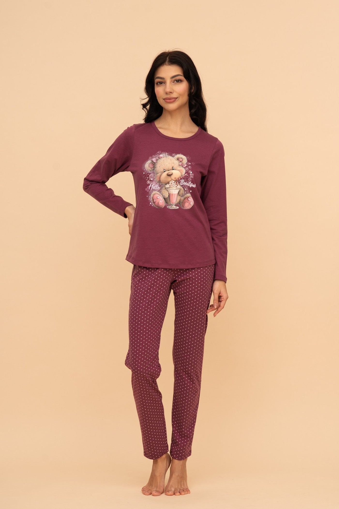 Pijama damă bumbac cu mânecă lungă „Milkshake Teddy"