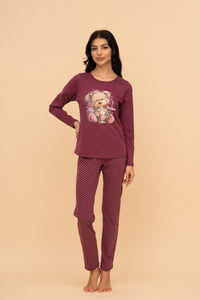Pijama damă bumbac cu mânecă lungă „Milkshake Teddy"