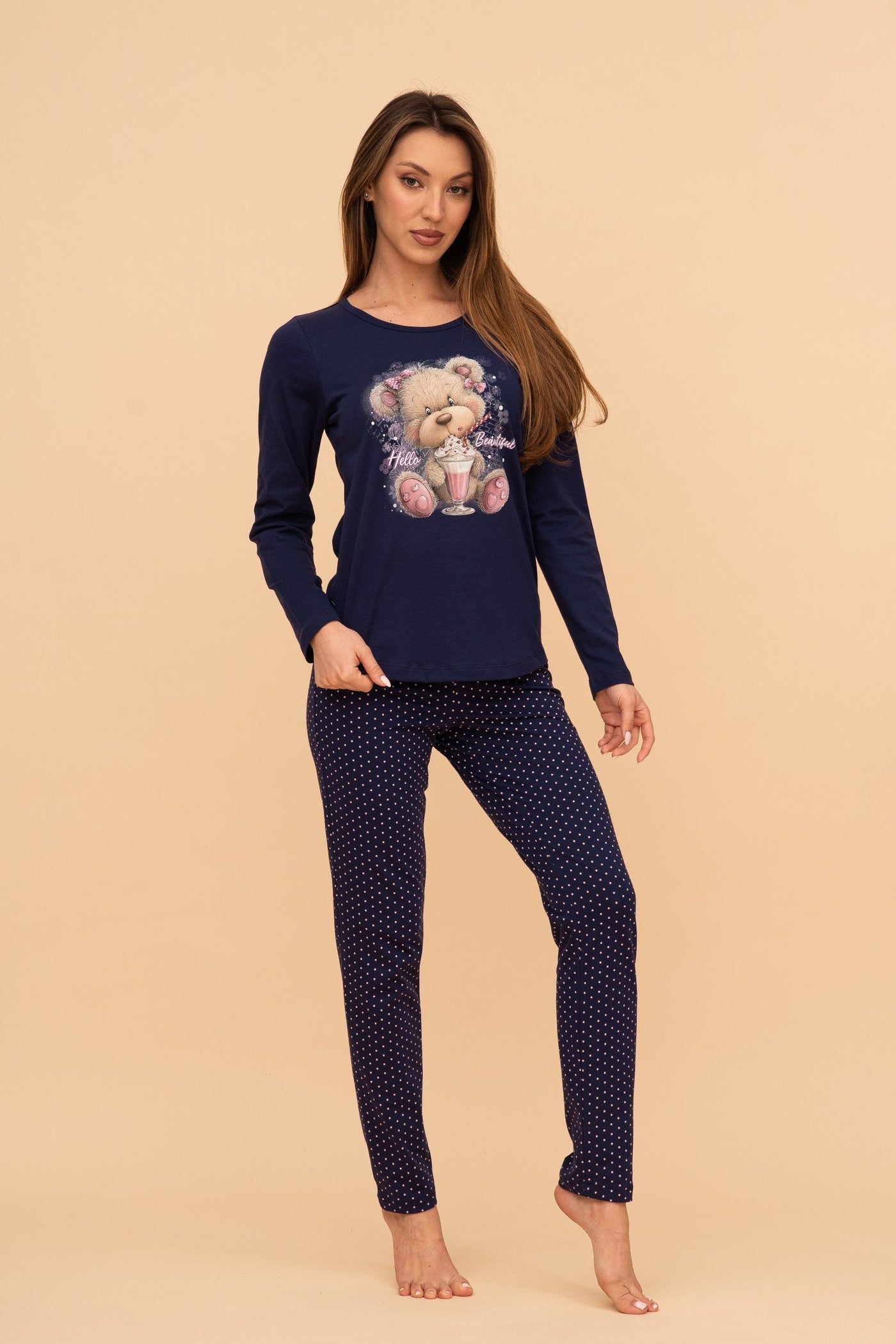 Pijama damă bumbac cu mânecă lungă „Milkshake Teddy"