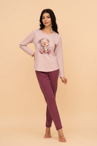 Pijama damă bumbac cu mânecă lungă „Milkshake Teddy"