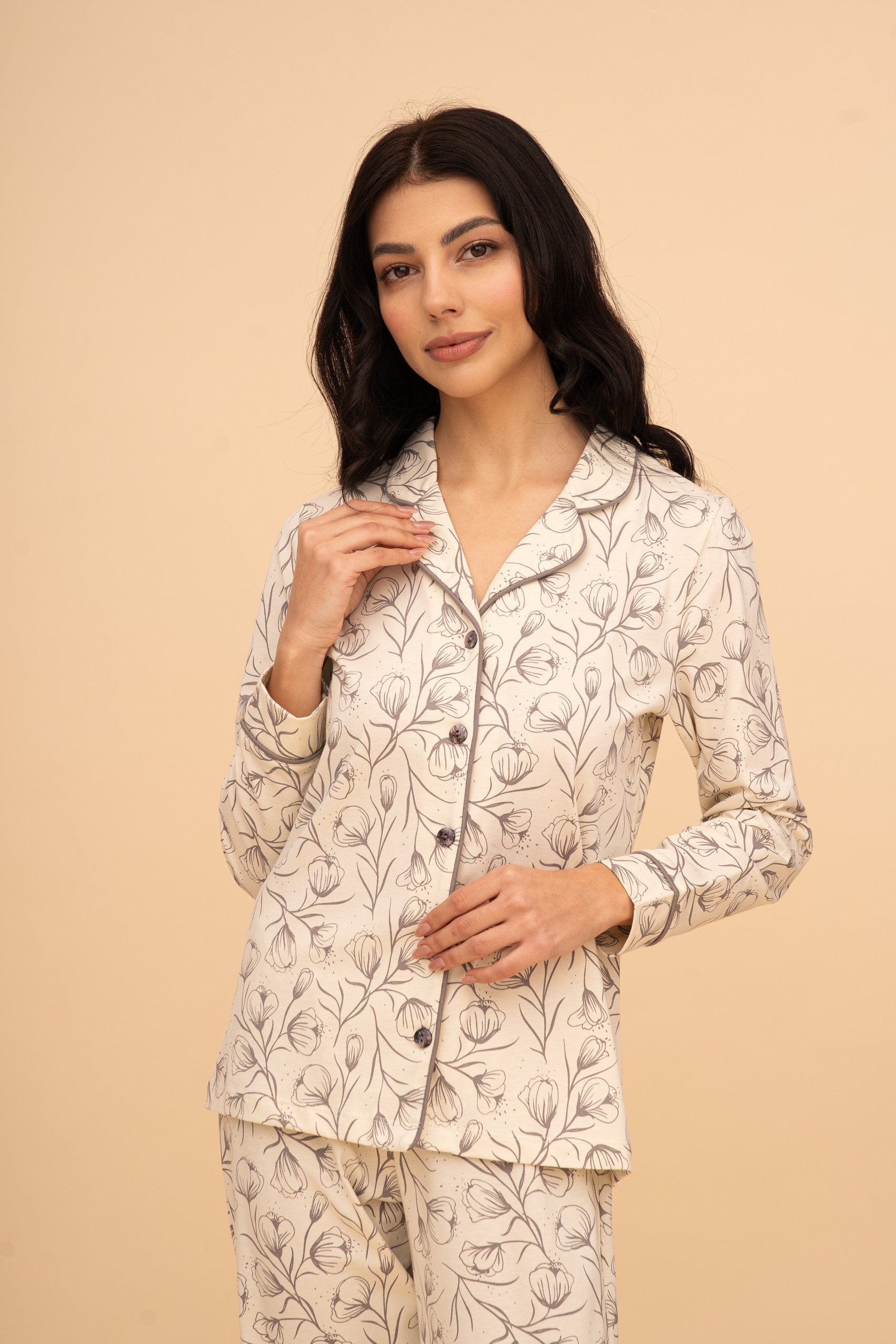 Set pijama damă bumbac cu mânecă lungă „Floral"