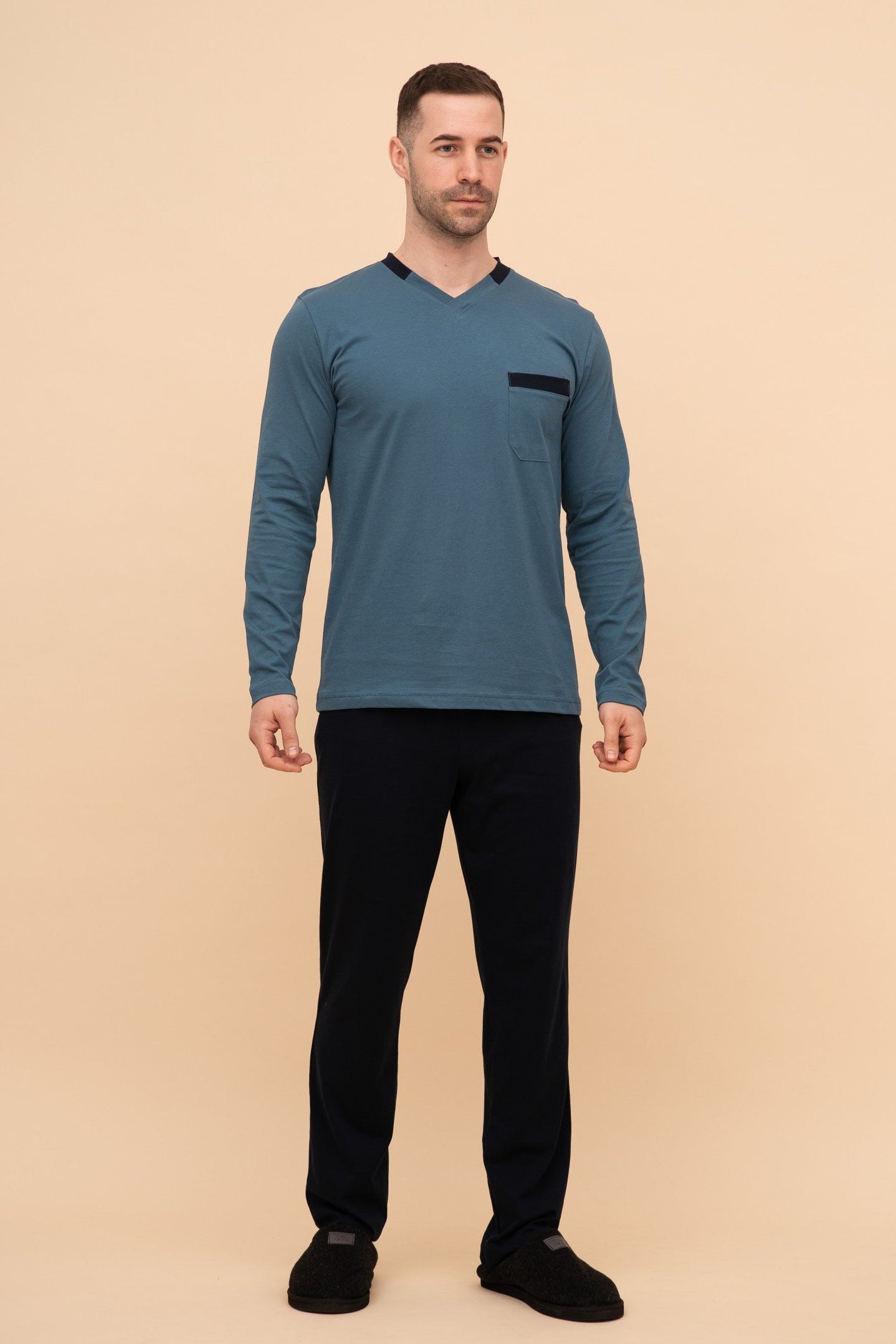 Pijama bărbați bumbac cu mânecă lungă "M-collar"