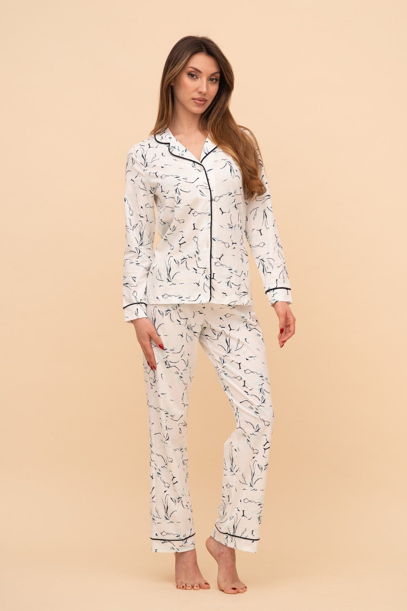 Set pijama damă bumbac cu mânecă lungă „Ink Mist"