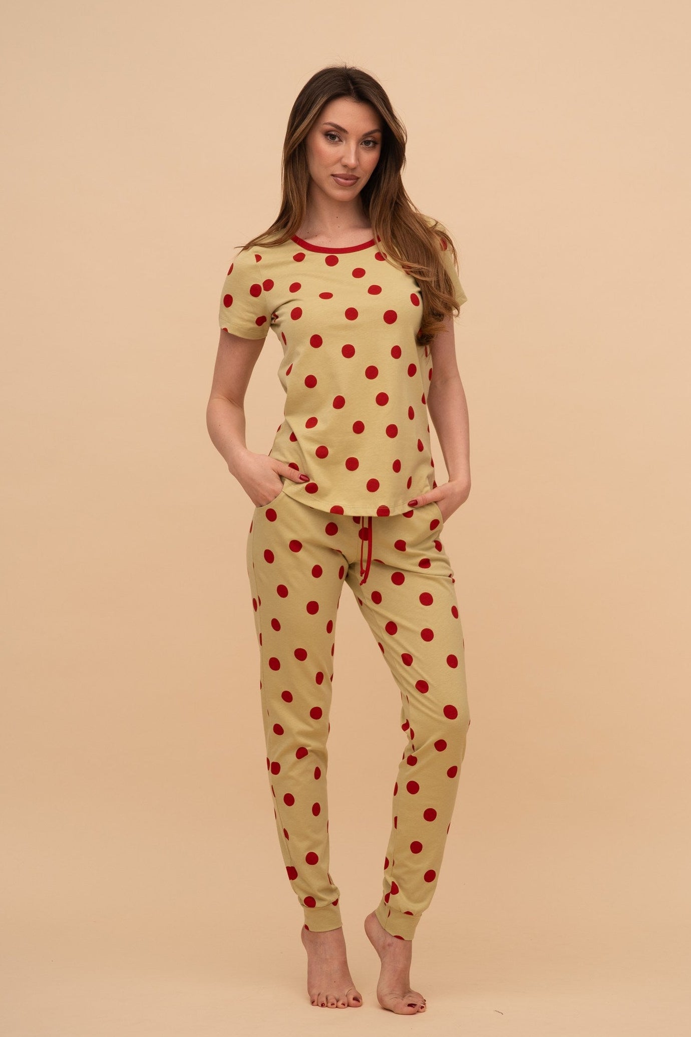 Pijama damă bumbac cu mânecă scurtă „Red Dots"