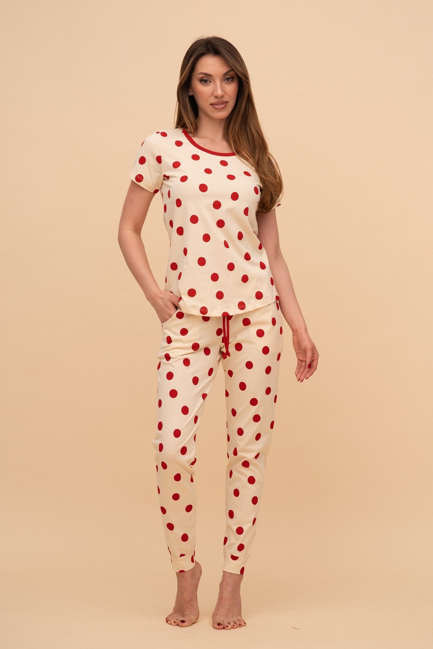 Pijama damă bumbac cu mânecă scurtă „Red Dots"