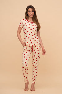Pijama damă bumbac cu mânecă scurtă „Red Dots"
