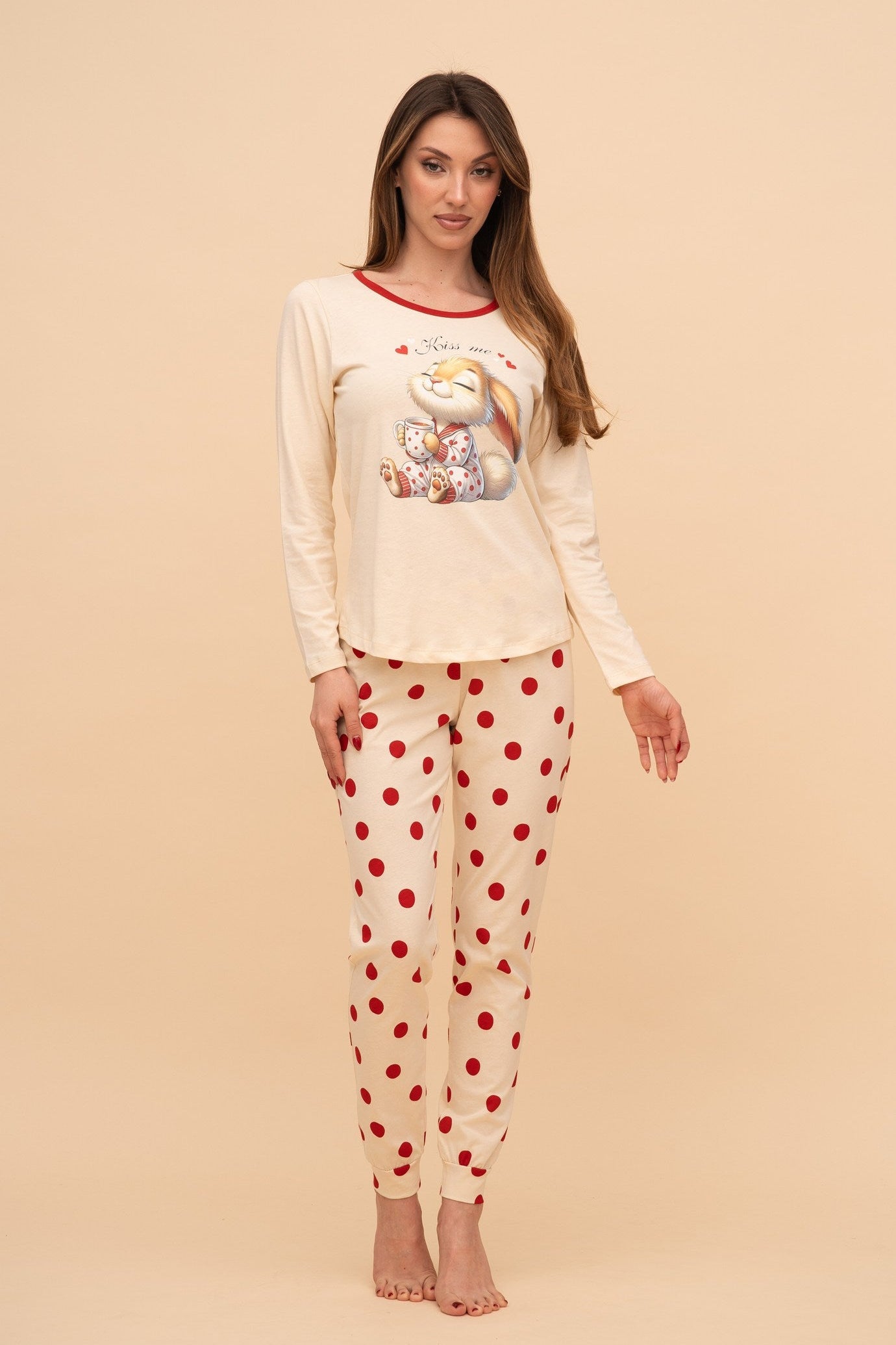 Pijama damă bumbac cu mânecă lungă „Kiss me"
