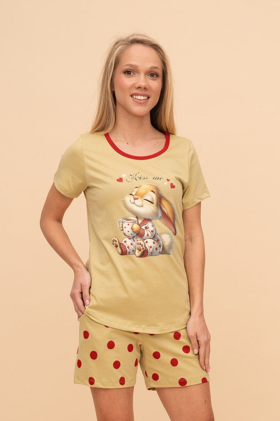 Pijama damă bumbac cu mânecă scurtă „Kiss me"