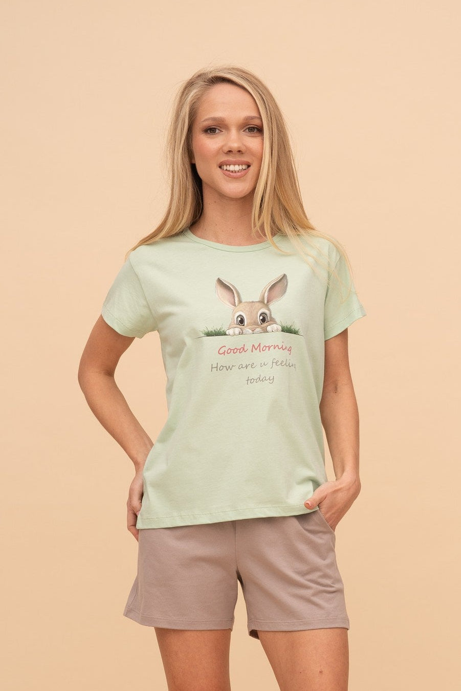 Pijama damă bumbac cu mânecă scurtă „Good Morning Bunny"