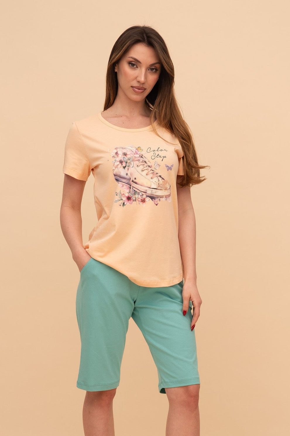 Pijama damă bumbac cu mânecă scurtă „Color Step"