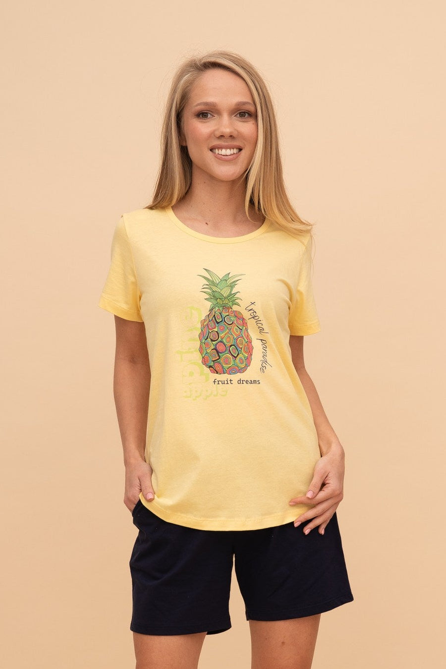 Pijama damă bumbac cu mânecă scurtă „Tropical Dreams"