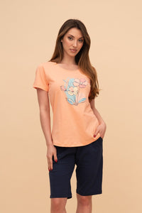 Pijama damă bumbac cu mânecă scurtă „Flower Paint"