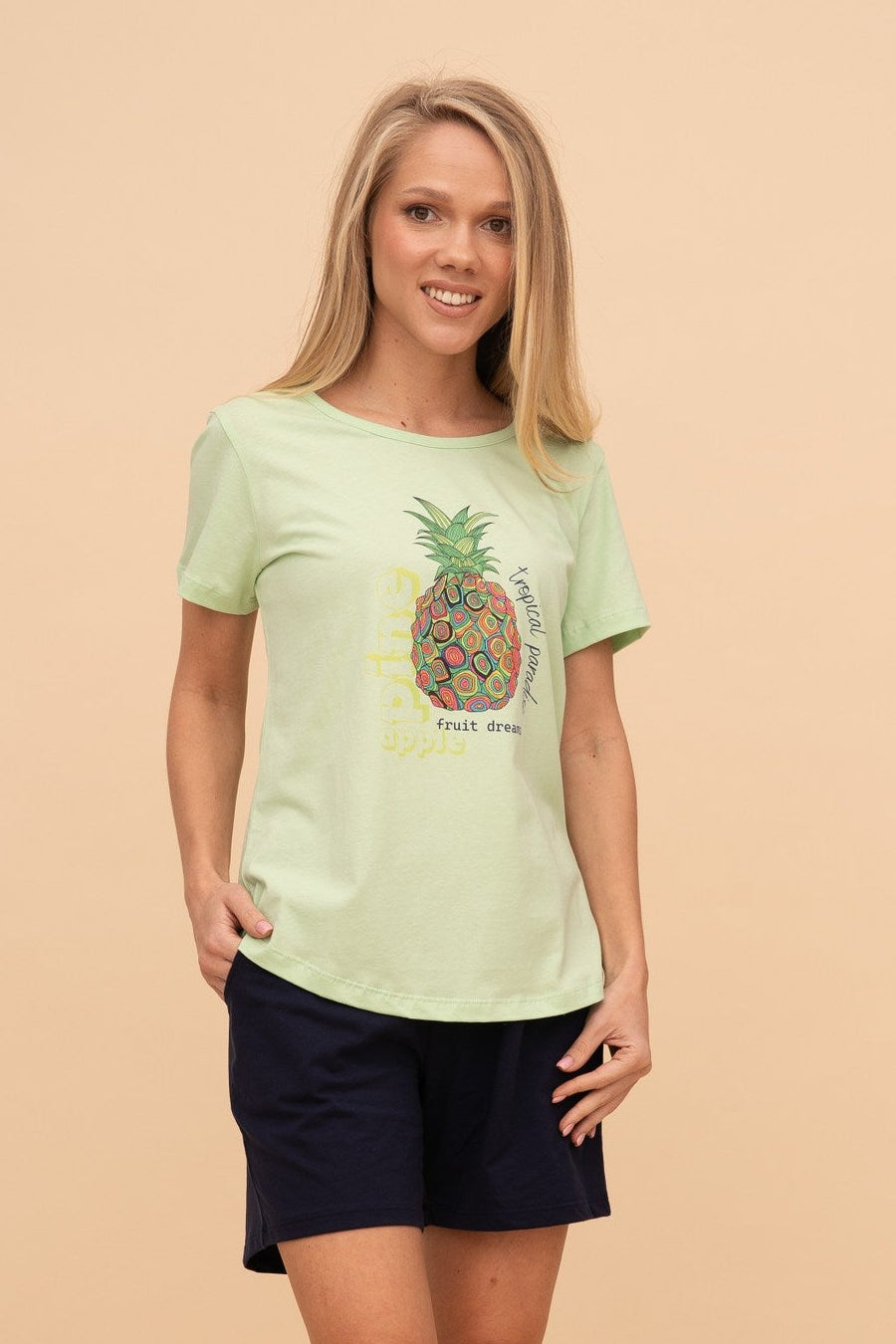Pijama damă bumbac cu mânecă scurtă „Tropical Dreams"